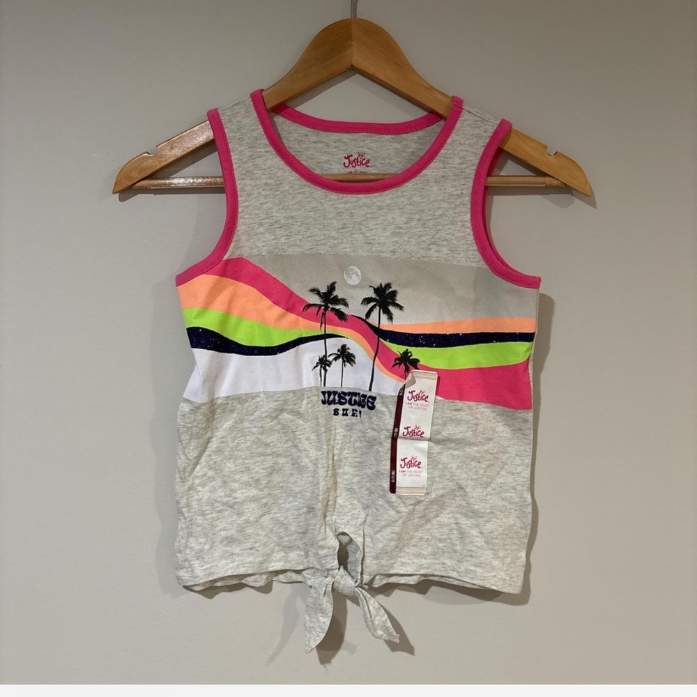Justice Girls Tropical Palm Tank Top Size Small Gray Pink Tie Front